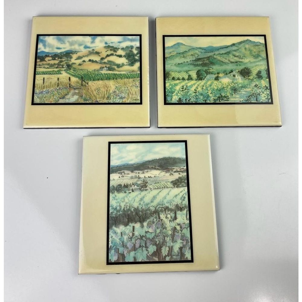 VTG Art Ceramic Tiles (3) A.R.T.Co "California Vineyards” by Ellie Marshall USA
